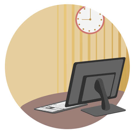 Animation round background of the office room with table, PC, monitor, clock, vector illustrationのイラスト素材