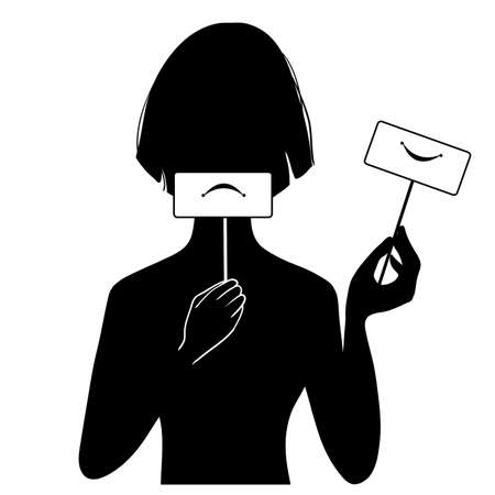 Black silhouette of a woman with masks of happy and sad faces in her hands, vector illustrationのイラスト素材