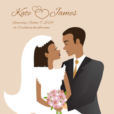 Invitation card with African American wedding couple, vector illustrationのイラスト素材