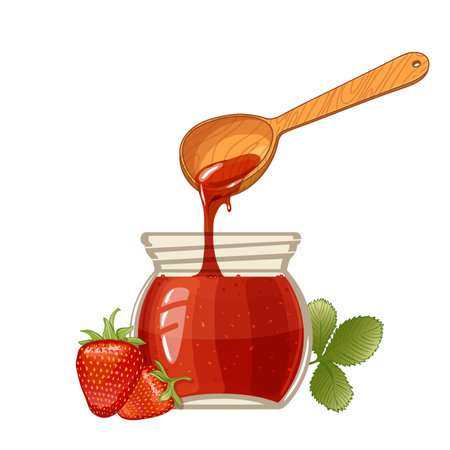 Jar with strawberry jam, fresh berries and wood spoon, vector illustrationのイラスト素材