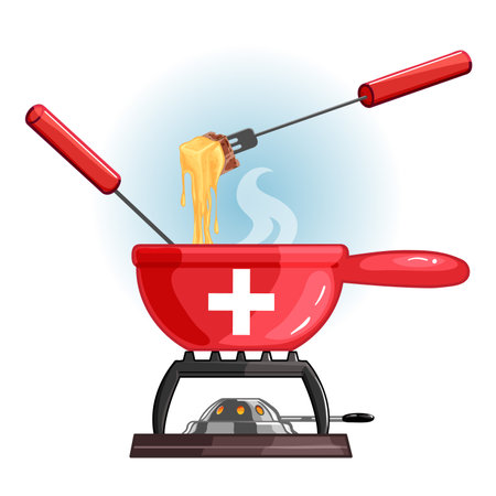 Swiss red pot with melted cheese and forks, cheese fondue, national meal from Switzerland.のイラスト素材