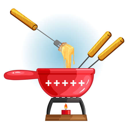 Swiss red pot with melted cheese and forks, cheese fondue, national meal from Switzerland.のイラスト素材