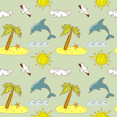 Seamless pattern with palm, dolphin, sun, cloud, see waves and bird, vector backgroundのイラスト素材
