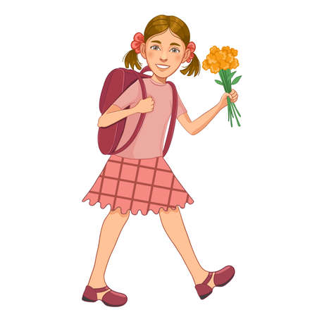 Smiling girl with flowers on her way to the first day in school, vector illustrationのイラスト素材