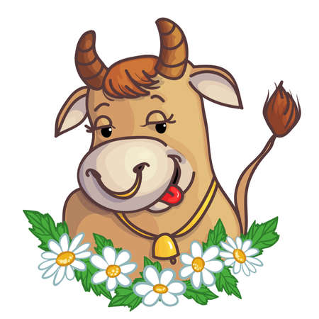 Cartoon cow surrounded with daisy flowers, vector illustration, esp10のイラスト素材