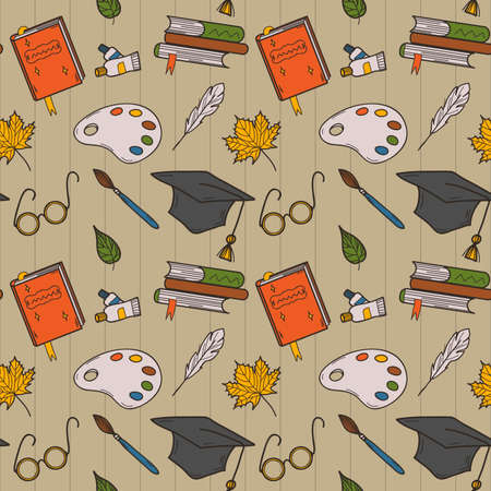 Seamless autumn pattern with books, glasses, colors, brush, tubes, feather, graduate hat. Vector backgroundのイラスト素材
