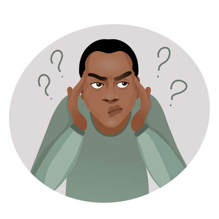 African American man is under stress with lot of problems and issues he should solve, vector concept illustrationのイラスト素材