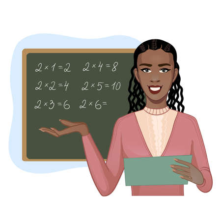 Young African American woman teacher with journal, on the background with school blackboard. Vector illustrationのイラスト素材