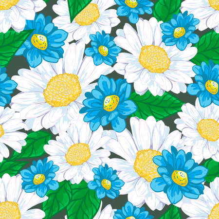 Seamless floral background with white chamomile and blue flowers, vector patternのイラスト素材
