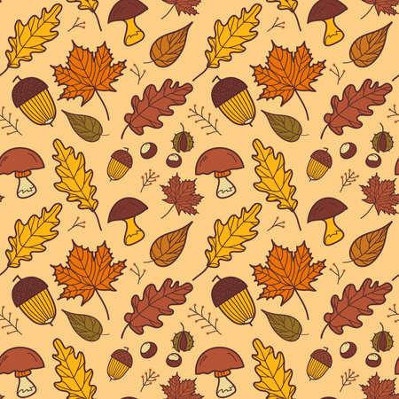 Seamless autumn pattern with leaves, chestnut, mushrooms, acorn. Vector backgroundのイラスト素材