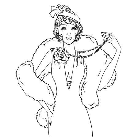 Beautiful woman in retro style, vector outline illustration for coloring pageのイラスト素材