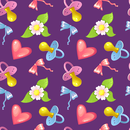 Seamless pattern for baby girl and boy birthday with pink and blue pacifier, heart, flowers, vector illustrationのイラスト素材