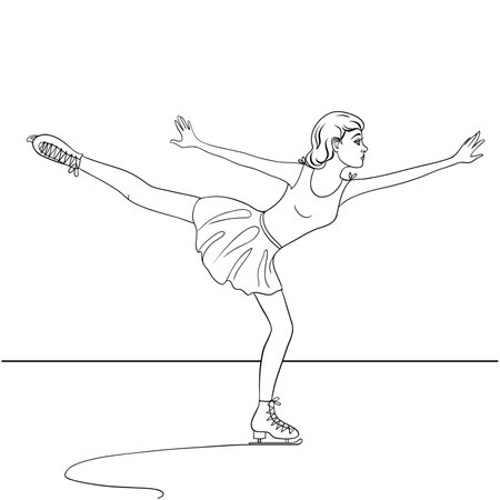 Young beautiful girl, figure skater. Outline isolated on white. Vector illustrationのイラスト素材