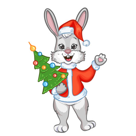 New Year Greeting illustration with cute rabbit in Santa Claus costume and with decorated Christmas tree. Symbol of 2023 year, vector imageのイラスト素材