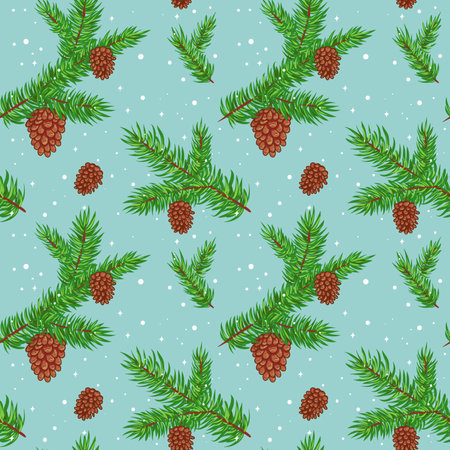 Seamless pattern with pine tree branches and cones. Vector backgroundのイラスト素材