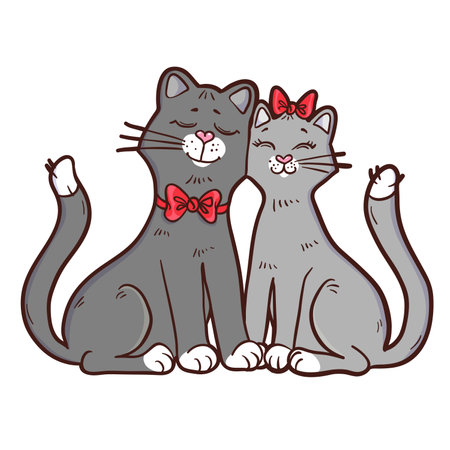 Cartoon grey cats in love for Valentineâs Day, vector illustration isolated on white, eps10のイラスト素材