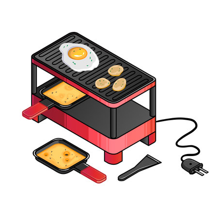 Red pot with melted cheese on plates, cheese raclette and grill, national meal from Switzerland, vector illustration, eps10のイラスト素材
