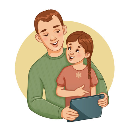 Father with his daughter looking together into tablet. Concept illustration of home education. Vector image isolated on whiteのイラスト素材