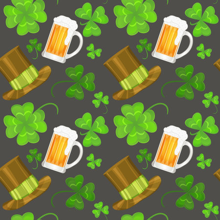 Seamless pattern with clover, beer mug, top hat for St.Patrickâs Day, vector backgroundのイラスト素材