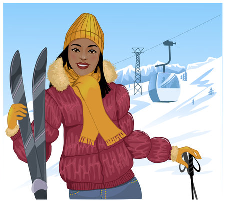 African American girl with skis on the background with mountains and cable-way, vector illustrationのイラスト素材
