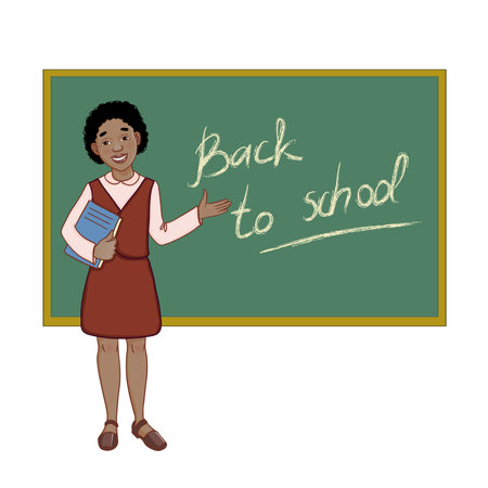 <p>African American schoolgirl with the book at blackboard, vector illustration, isolated on white, eps10</p>のイラスト素材