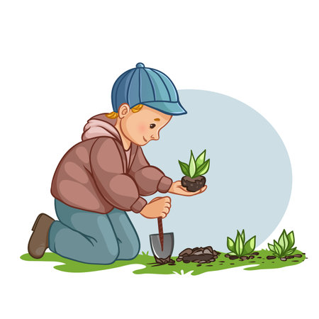 Boy planting flowers in garden, in on hand he has shovel, in another plant, cartoon vector illustration, eps10のイラスト素材