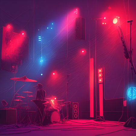 Concept image of music concert, stage view with musical instruments, AI generated image.の素材
