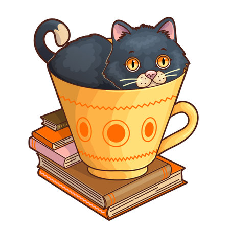Cartoon small cat, sitting in the big cup surrounded by books, concept vector illustration, eps10のイラスト素材