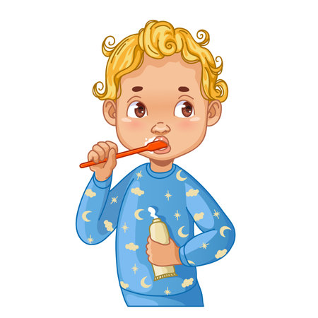 Cartoon small boy cleans his teeth with tooth brush, holding the tooth paste in another hand, vector illustration, eps10のイラスト素材