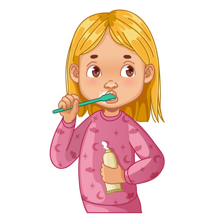 Cartoon small girl cleans her teeth with tooth brush, holding the tooth paste in another hand, vector illustration, eps10のイラスト素材