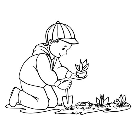 Boy planting flowers in garden, in on hand he has shovel, in another plant, cartoon outline vector illustration isolated on white, eps10のイラスト素材