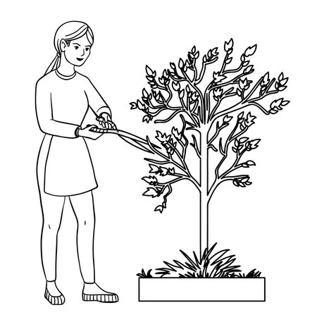 Young woman trimming a tree with big garden clippers, outline vector illustration isolated on whiteのイラスト素材