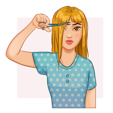 Young beautiful blonde girl cuts her bangs with scissors, vector illustration, eps10のイラスト素材