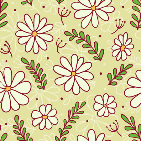 Seamless pattern with decorative chamomile and green leaves, simple vector background, eps10のイラスト素材