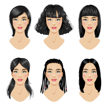 Set of hairstyles for woman, six different styles of hairdressing for short and long hair, vector illustration, eps10のイラスト素材
