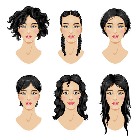 Set of hairstyles for woman, six different styles of hairdressing for short and long hair, vector illustration, eps10のイラスト素材
