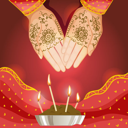 Illustration of ceremony at henna night, kina gecesi, a bride becomes henna pattern on her palms, eps10のイラスト素材