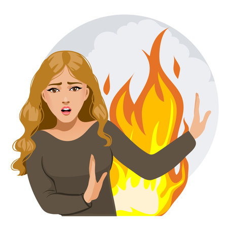 Scared young woman stays against fire, conceptual vector illustration, eps10のイラスト素材