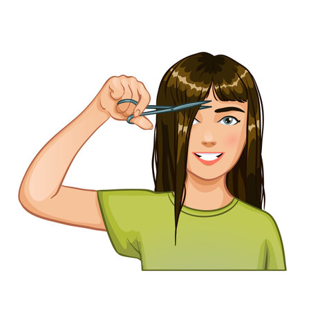 Young beautiful brunette girl cuts her bangs with scissors, vector illustration, eps10のイラスト素材