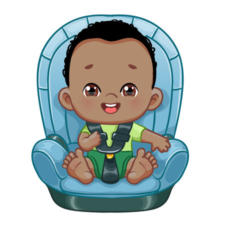 African American baby boy sitting in car seat, vector cartoon illustration isolated on white, eps10のイラスト素材