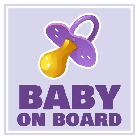 Sign baby on board with pacifier, vector square label, cartoon illustration with text, eps10のイラスト素材