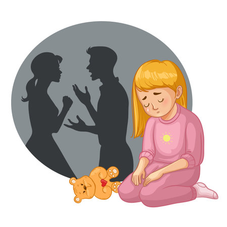 A girl is crying in front of parents silhouette who are shouting on each other, concept image of problem in family, vector illustrationのイラスト素材