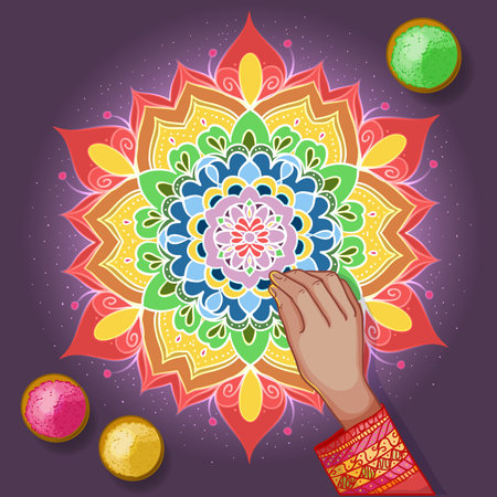 Rangoli made by a man on the floor using colorful powders, decorative pattern to celebrate Diwali, vector illustration, eps10のイラスト素材
