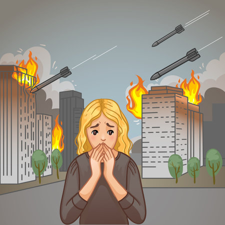 A frightened girl stands in the middle of the street on the background with a massive missile attack and houses on fire, vector illustrationのイラスト素材