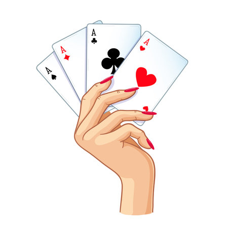 Woman hand with playing cards on white background, isolated vector illustration
