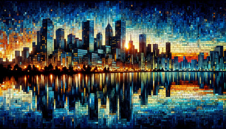 city at night, mosaic depiction of an urban skyline at dusk. Abstract night cityscape with reflection on the water in blue tonesの素材