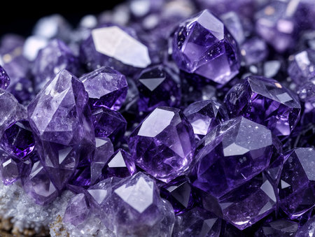 closeup of amethyst crystals with a clear and sparkling appearance. Macro shooting. Selective focus.の素材