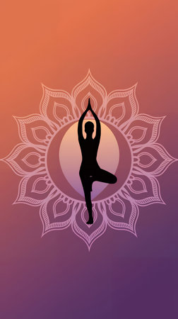 Silhouette of woman practicing yoga with mandala on gradient backgroundの素材