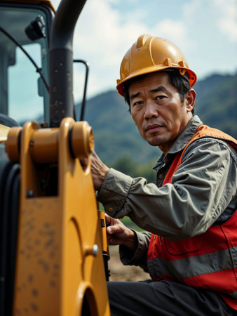 Asian tractor driver sitting near a construction vehicle. Environmental portrait of a construction workerの素材