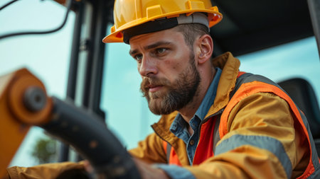 Close-up of a male driver worker in a yellow helmet sitting in bulldozer cab on a construction siteの素材